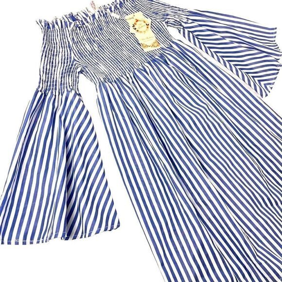 MEI Fashion NWT Off The Shoulder Smocked Striped Mini Dress Women’s S/M - Picture 2 of 9